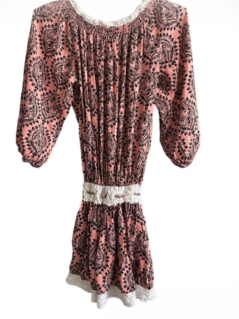 Free People Blush Pink Paisley Off-Shoulder Lace-Trim Mini Dress